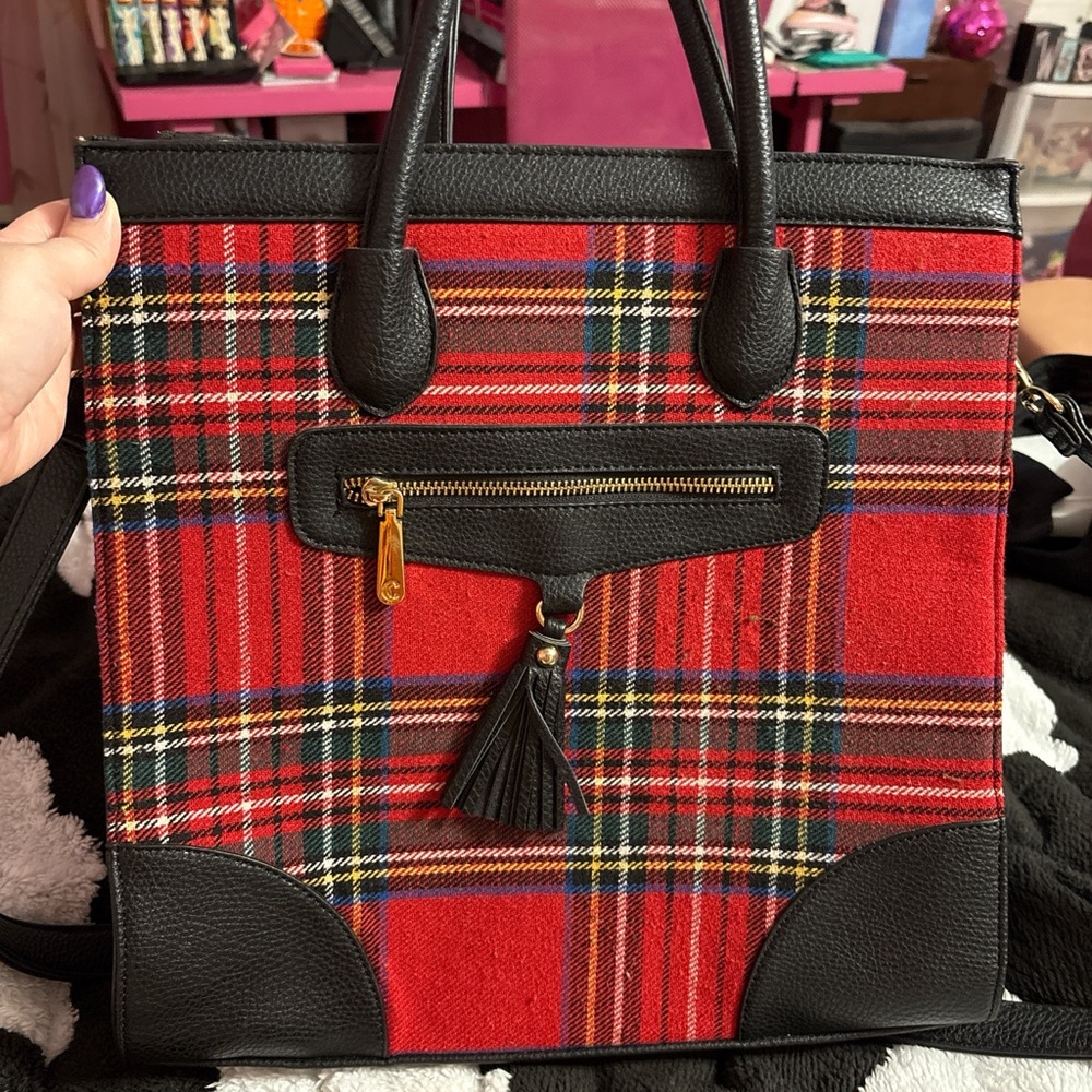 Charming Charlie Red and Black Plaid Tote